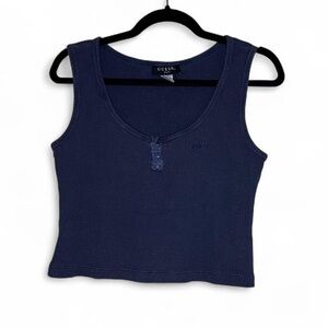 GUESS Navy Blue Henley Tank Top Large Cotton Ribbed Sleeveless Casual